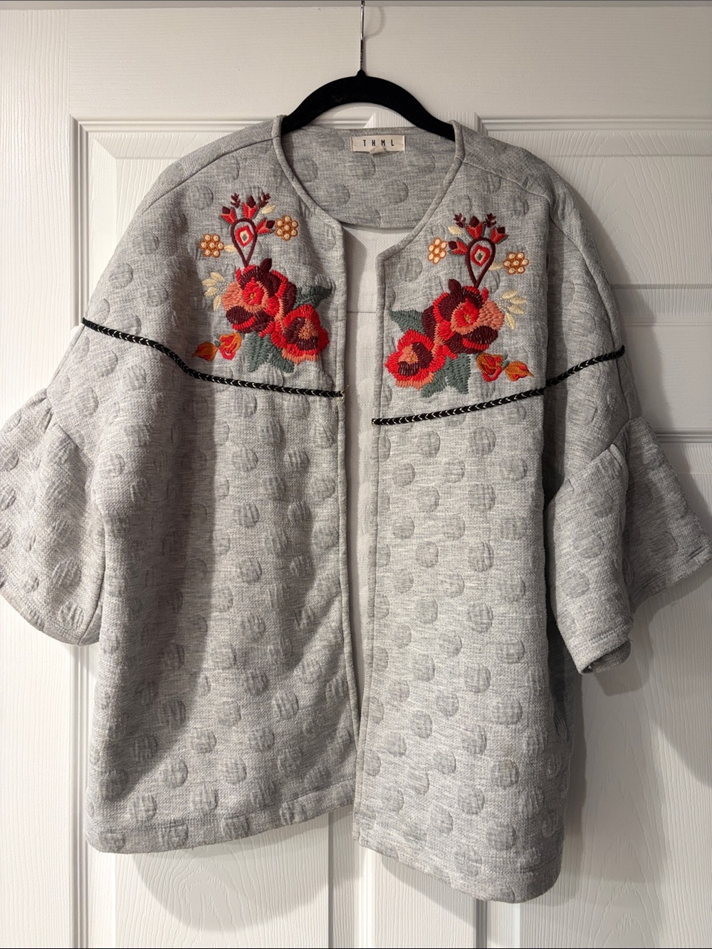 THML Light Gray Open-Front Cardigan with Red Floral Embroidery